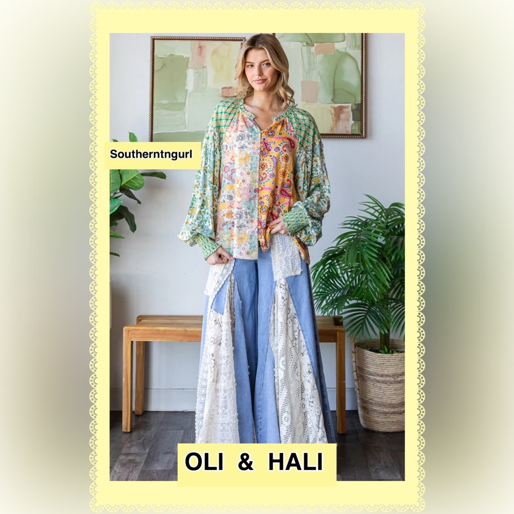 NWT OLI & HALI  Lightweight long sleeve V Neck Mixed Print High Low Top Blouse